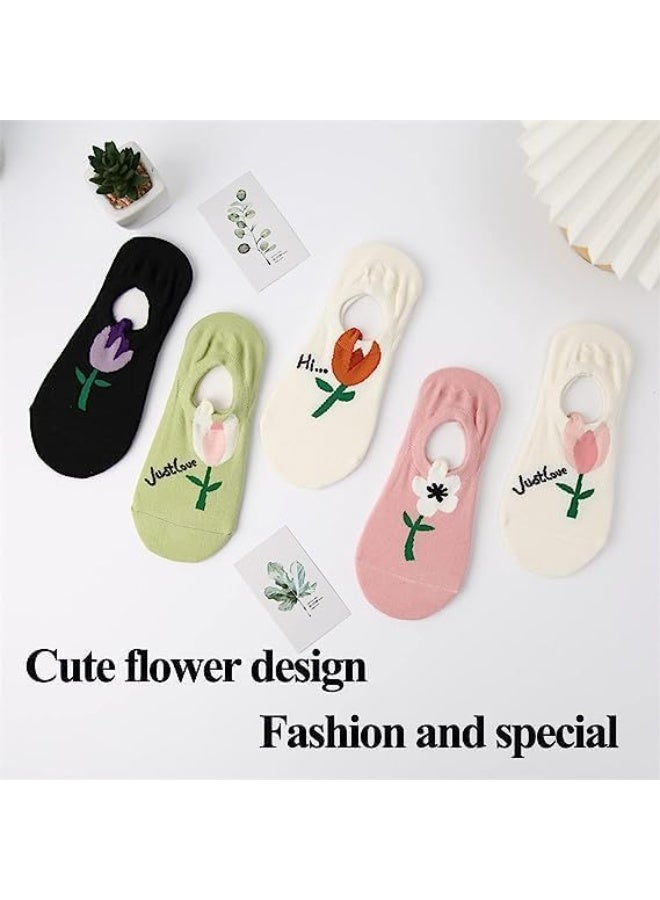 ChicAbode Womens No Show Cotton Socks Fashion Cute Flower Novelty Funny Casual Soft Socks Non Slip Low Cut Socks for Women Girls Sneakers, Canvas Shoes 5 Pairs - Image 2